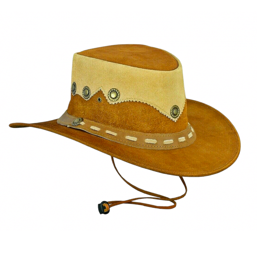 Artisan-made split leather crown hat with a detailed tooled leather band.
