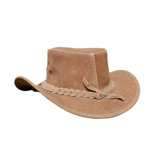 Australian leather cowboy hat with a rugged design.

