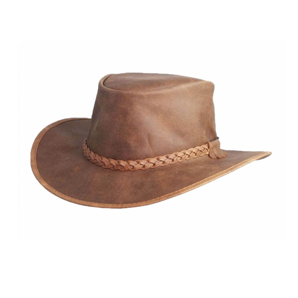 Authentic Outback leather hat for sun protection.
