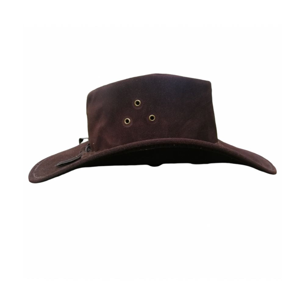 Authentic western cowboy hat in dark brown leather.
