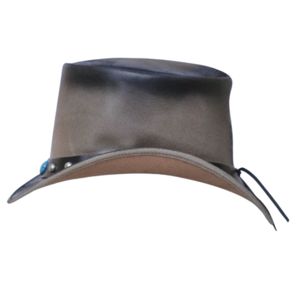  Beige Brown Leather Top Hat, meticulously handcrafted with a Western Stone Style Band and Gothic accents
