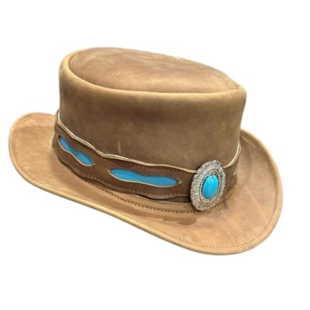 Black & Brown Leather Top Hat with Turquoise Stone, Steampunk style.