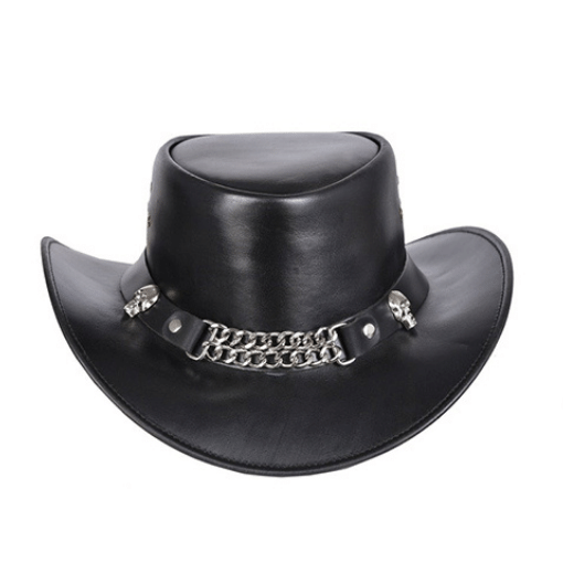 Black Gambler cowboy hat with metal chain accent.
