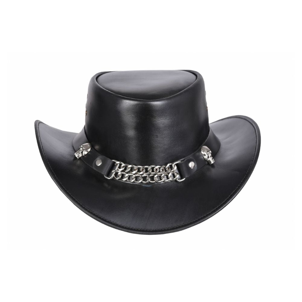 Black Leather Cowboy Hat with Skull and Chain