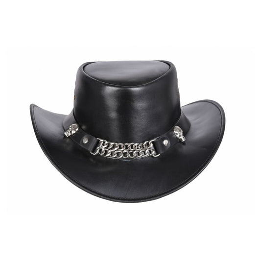 Black Leather Cowboy Hat with Skull and Chain