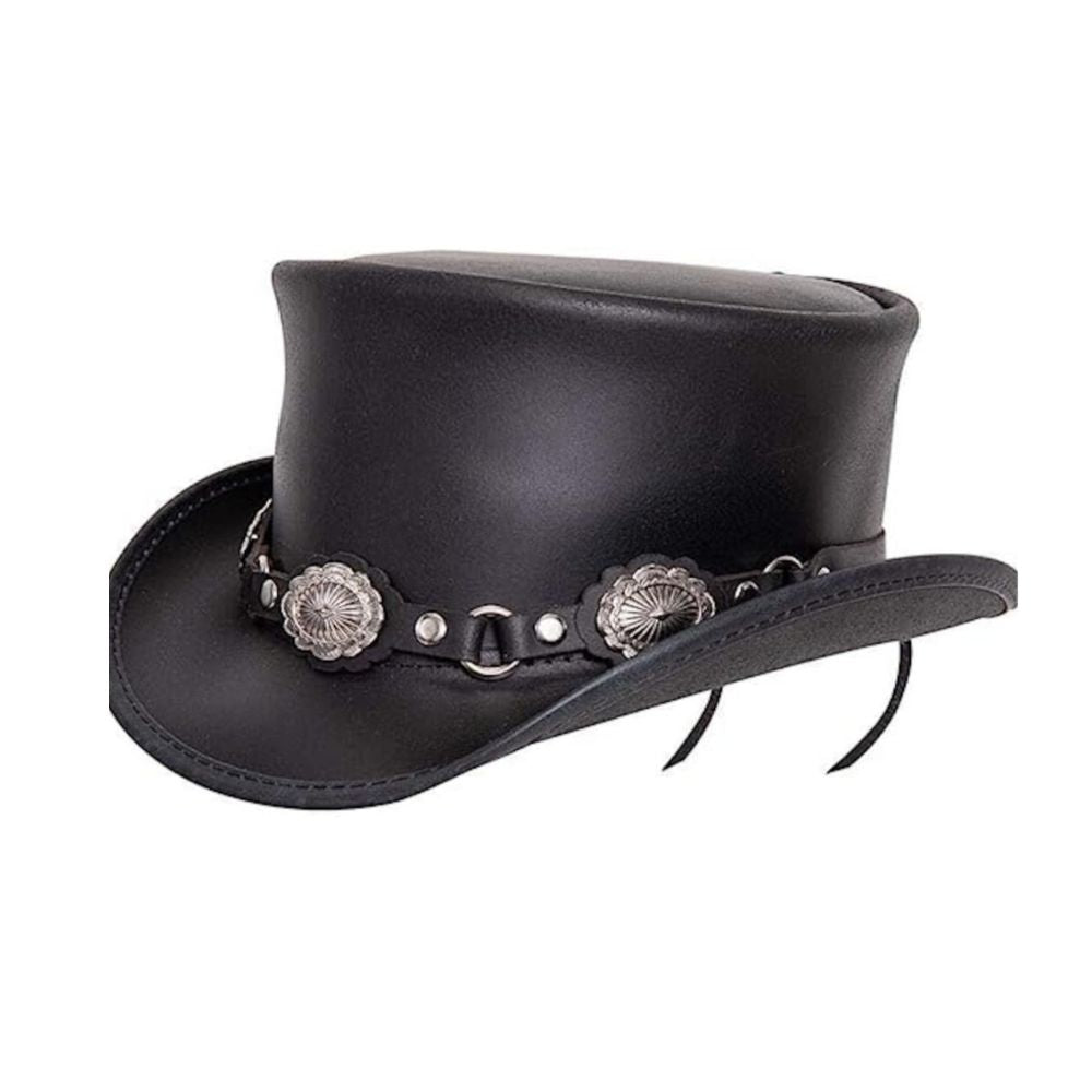 Black Leather Top Hat, Conchos, Victorian Hat, Steampunk Hat