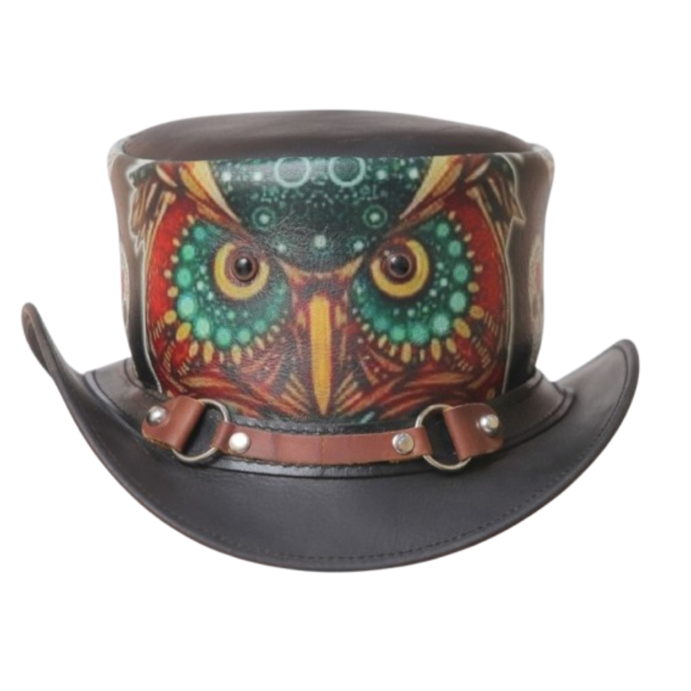 Black Leather Top Hat with Owl Ring Band