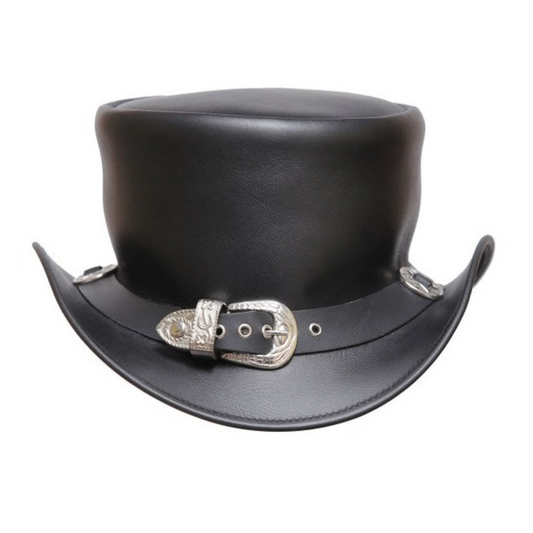 Black Leather Top Hat with Western Buckle Band
