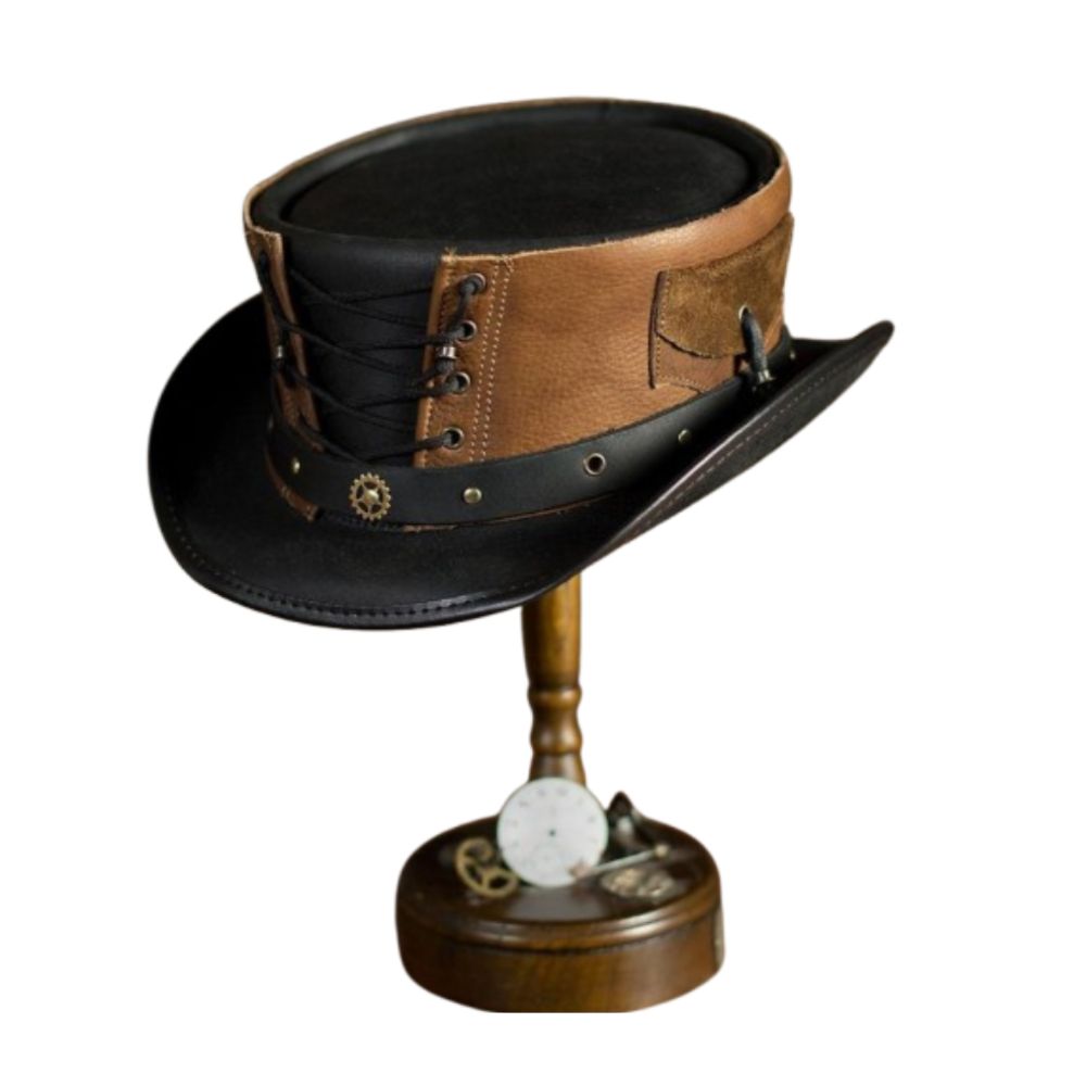 Black and brown leather handcrafted steampunk corset-style top hat.






