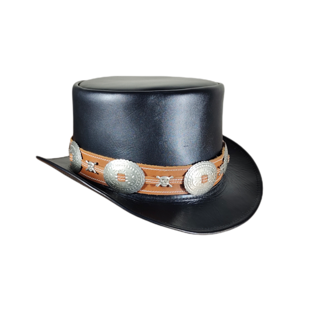 Black concho leather top hat with tan accents

