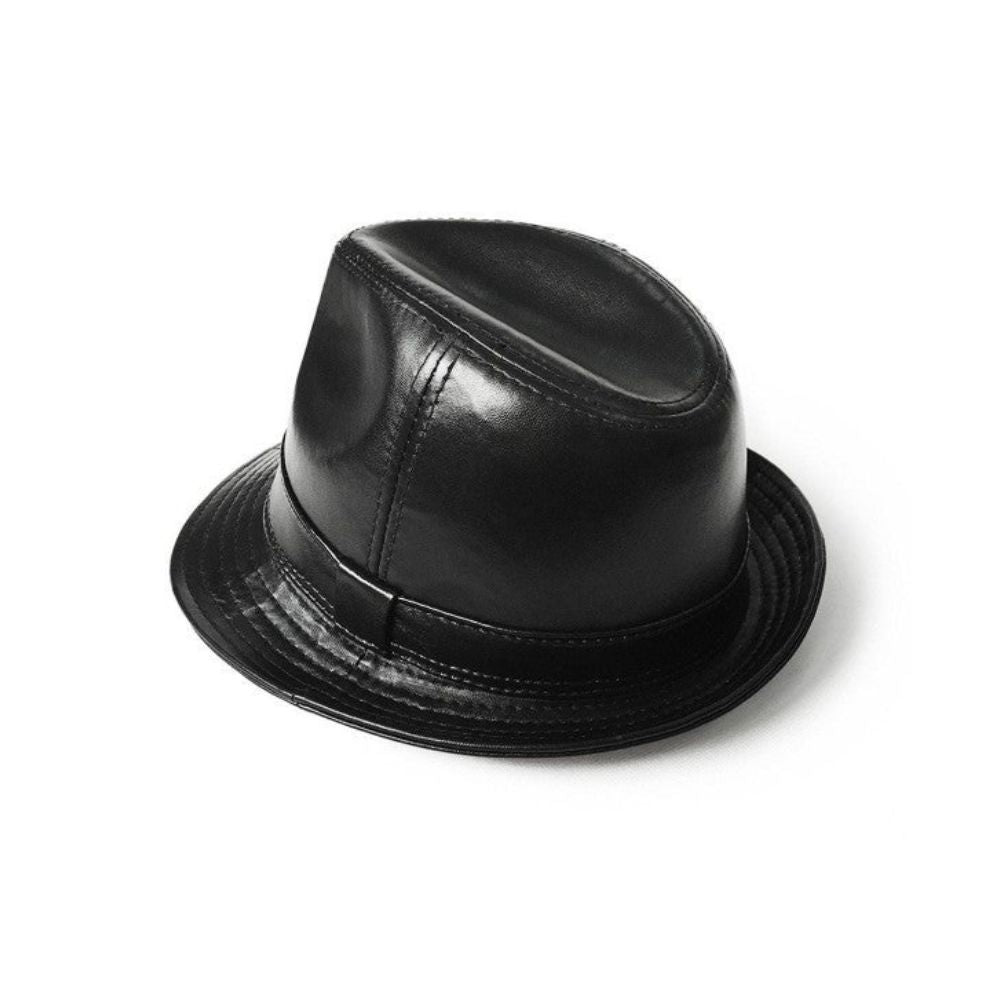Black fedora hat made of lambskin leather
