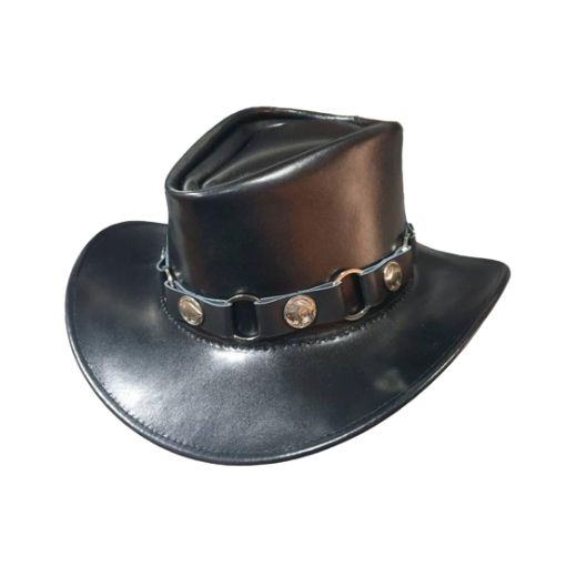 Black leather cowboy hat adorned with a buffalo concho, blending tradition with bold style.