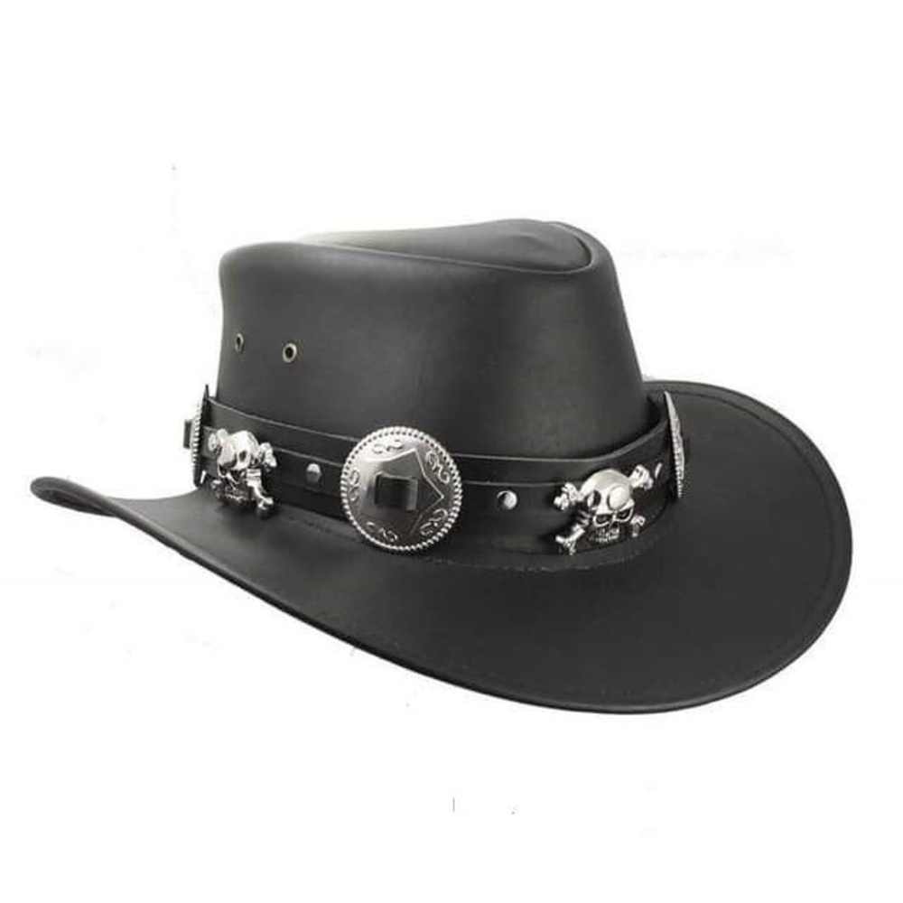Black leather cowboy hat featuring a skull band for a rugged style.