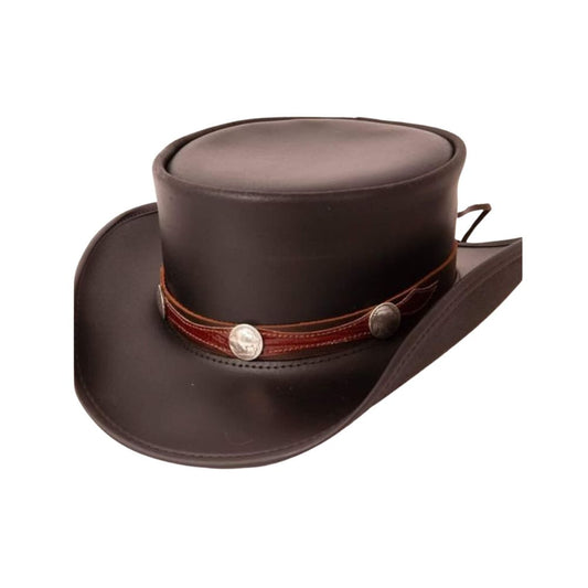 Black leather pale rider top hat with buffalo nickel band.






