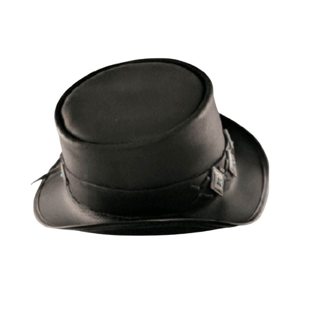 Black leather steampunk hat with gear and buckle embellishments.
