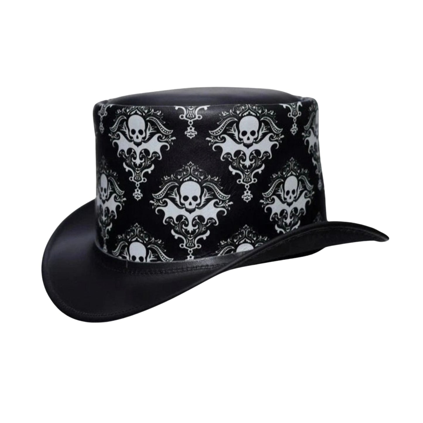Black leather steampunk top hat for gothic and Victorian styles.
