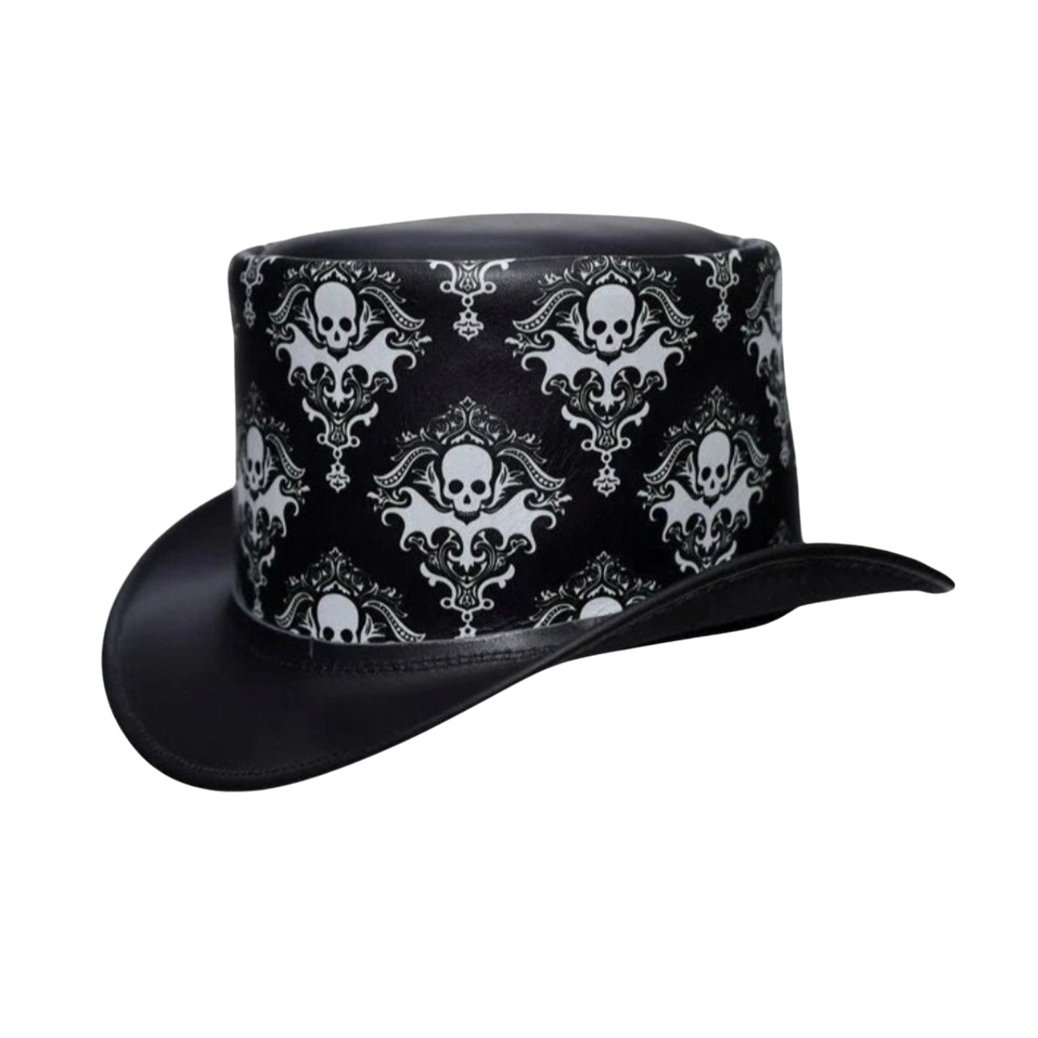 Black leather steampunk top hat for gothic and Victorian styles.
