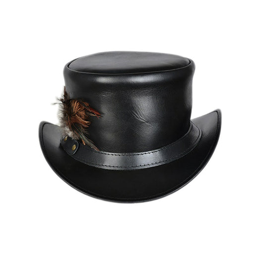 Black leather steampunk top hat with classic design.
