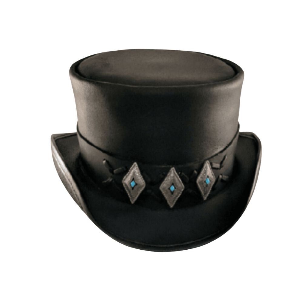 Black leather steampunk top hat with unique design.
