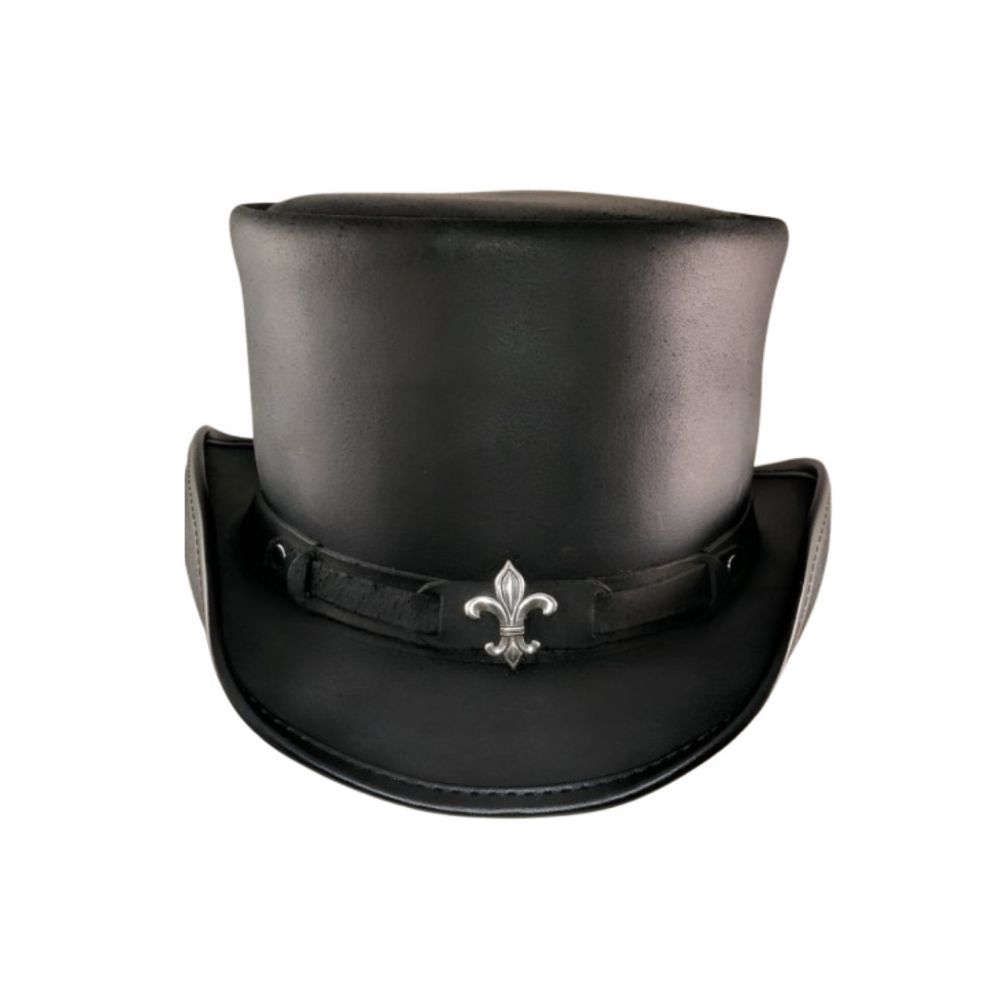 Black leather top hat with Fleur band, handcrafted.
