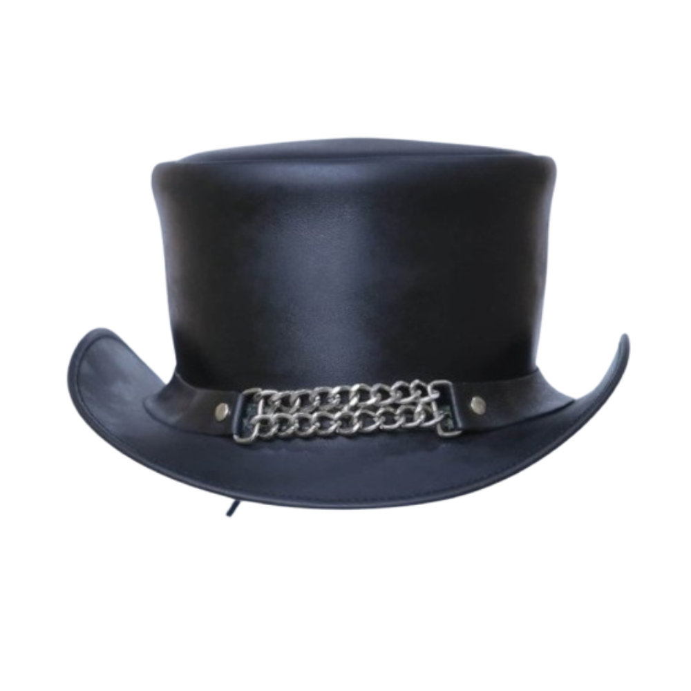 Black leather top hat with chain band, perfect for gothic and steampunk fashion