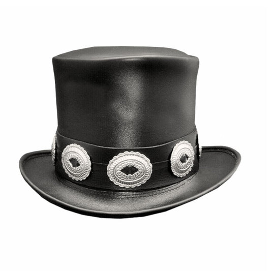 Black leather top hat with concho band, Southwestern style.
