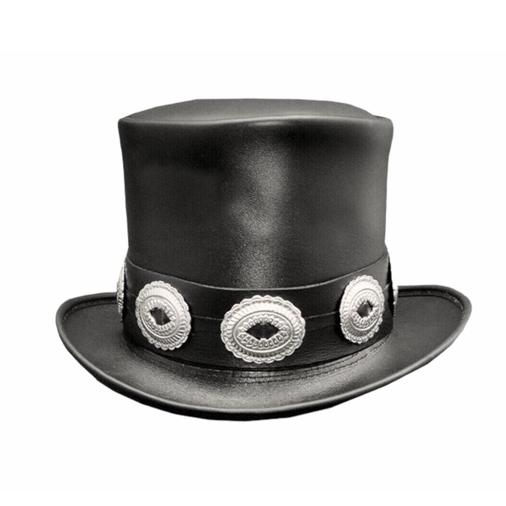 Black leather top hat with concho band, handcrafted design.
