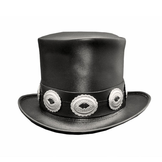 Black leather top hat with concho band, handcrafted design.
