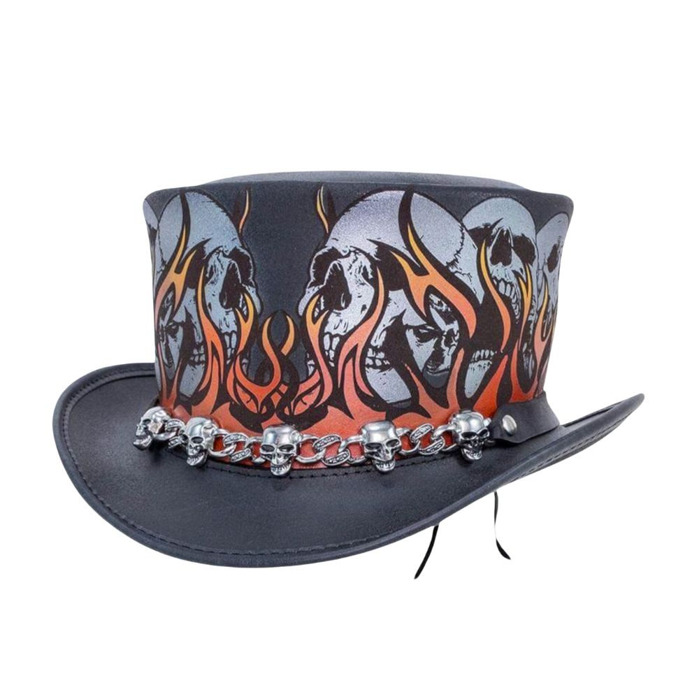 Black leather top hat with gothic skull print design
