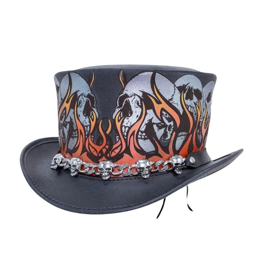 Black leather top hat with gothic skull print design
