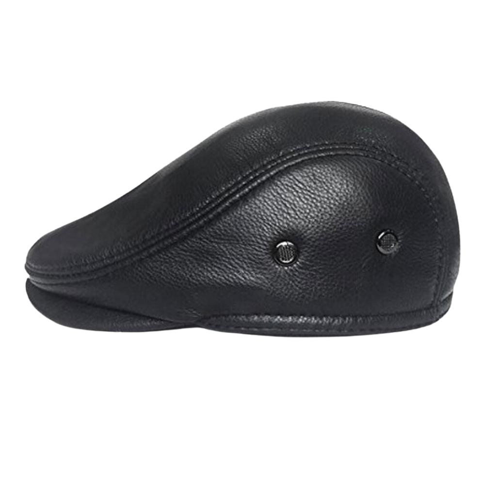 Black leather vintage newsboy cap with ivy design, perfect for driving.