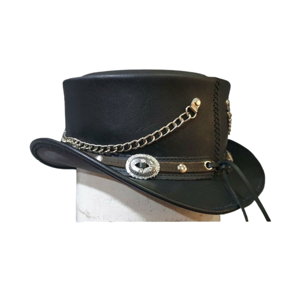 Black leather western-style short top hat with spider-inspired design
