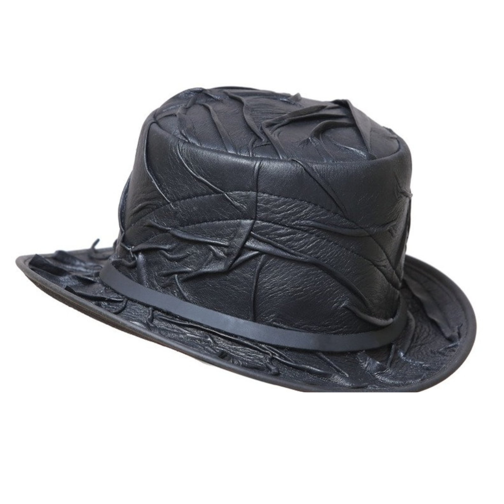Black textured leather top hat with a simple band, perfect for vintage-inspired looks