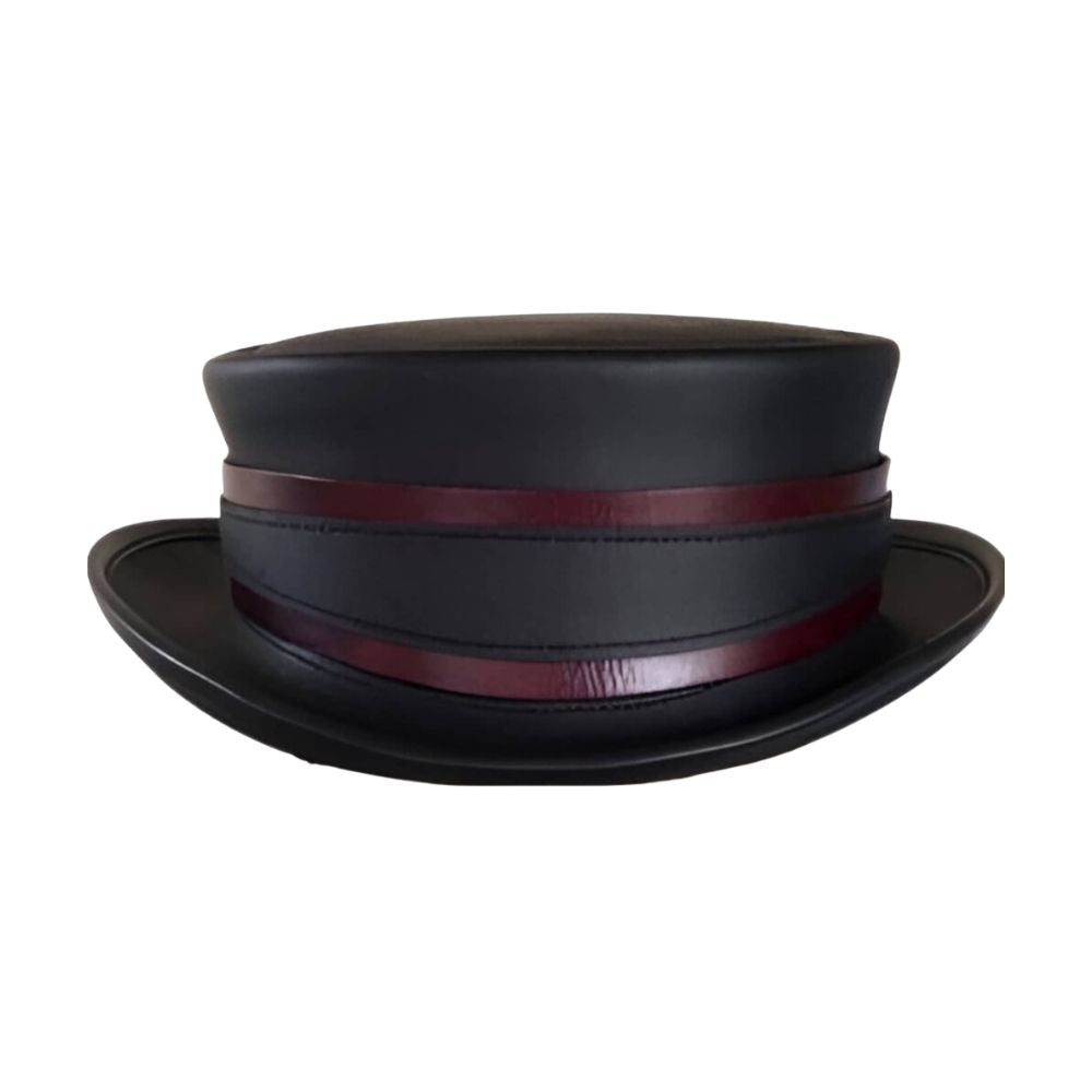 Black top hat with a leather strap band.






