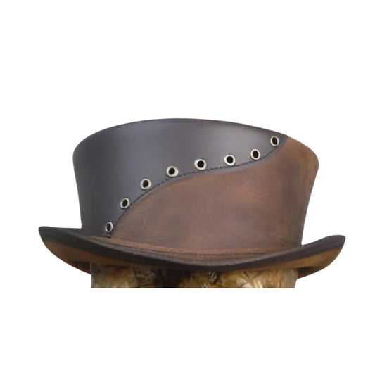 Brown Leather Gothic Top Hat with Ring Style Crown

