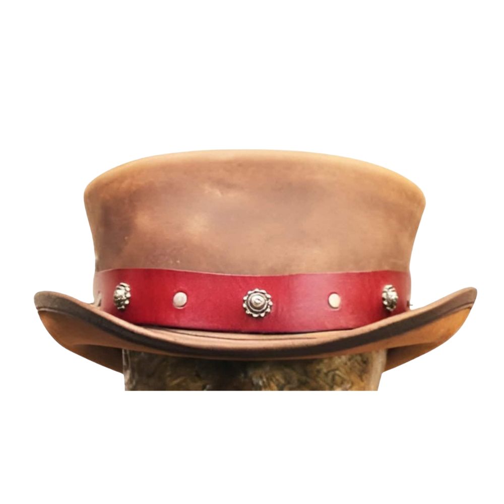 Brown Leather Top Hat, Red Conchos, Gothic Hat, Steampunk Hat