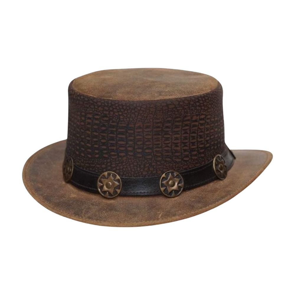 Brown Leather Top Hat with Crocodile Finish and Steampunk Style.
