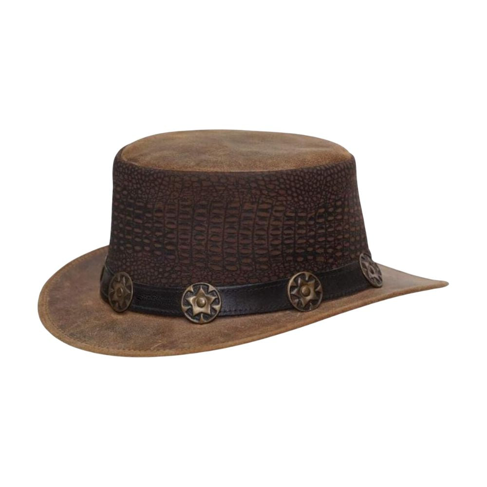 Brown Leather Top Hat with Crocodile Texture and Gothic Band.
