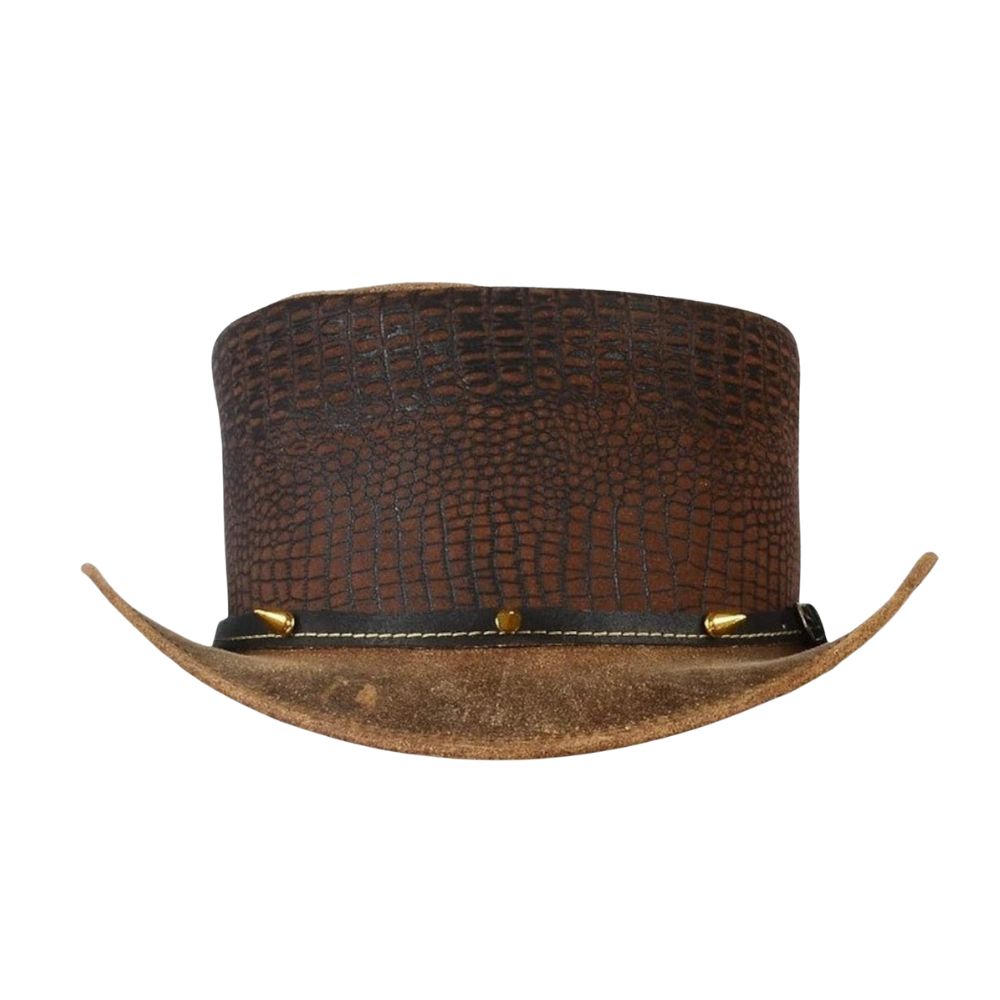 Brown Leather Top Hat with Crocodile Texture and Spiked Band.
