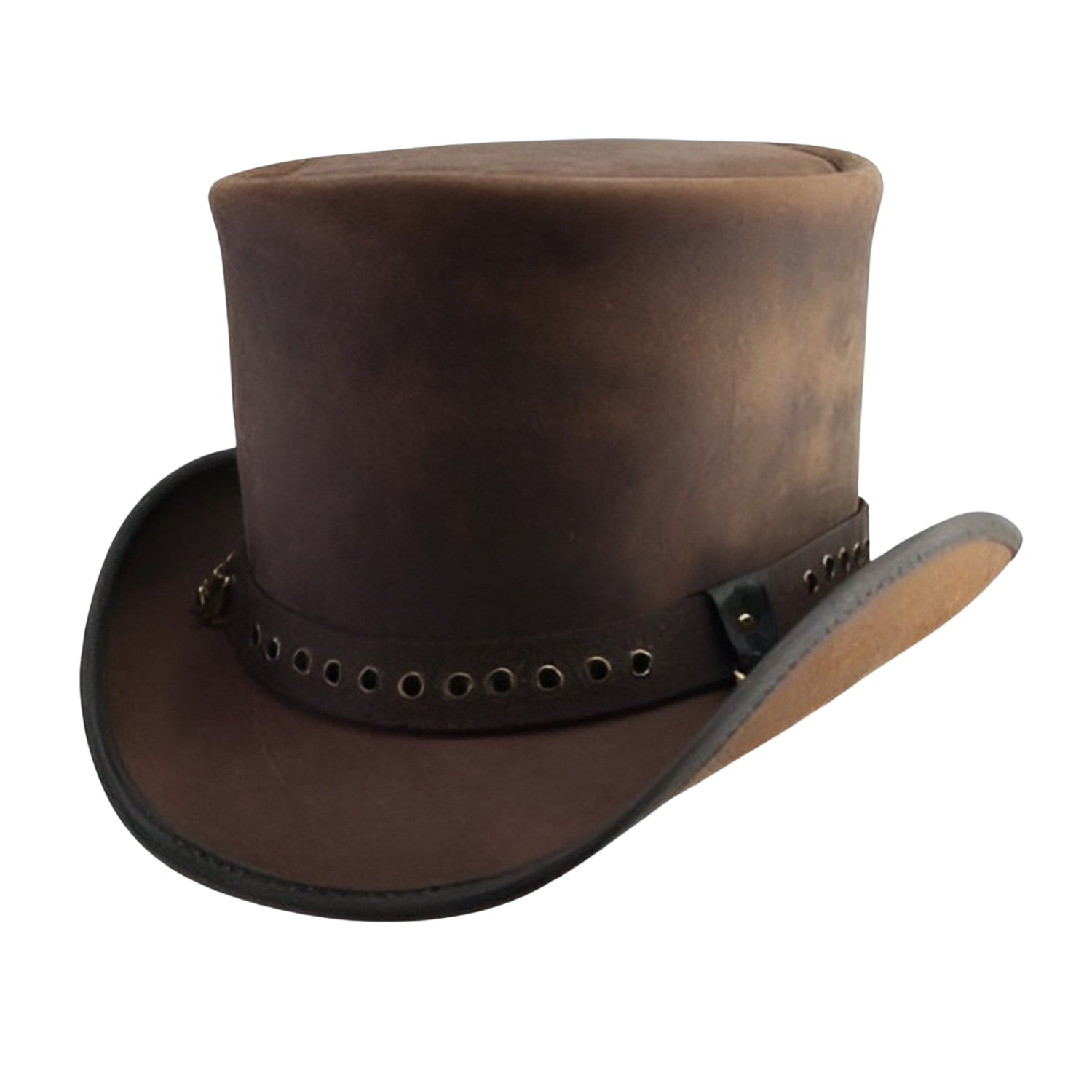 Brown distressed leather top hat featuring a ring hat band
