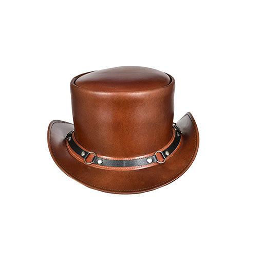 Brown leather Fancy Top Hat, handcrafted for a luxurious, stylish finish.





