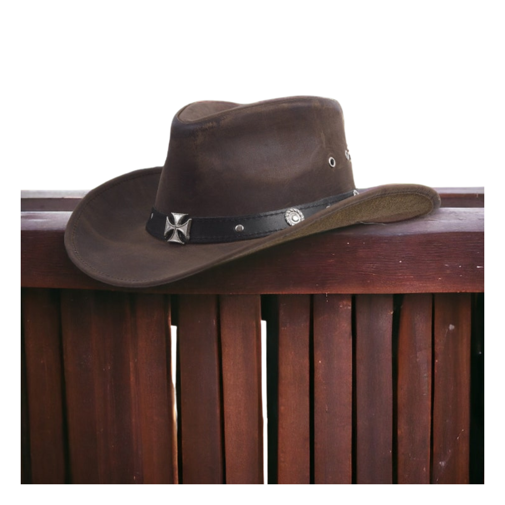 Brown leather cowboy hat with wide brim and iron cross band.

