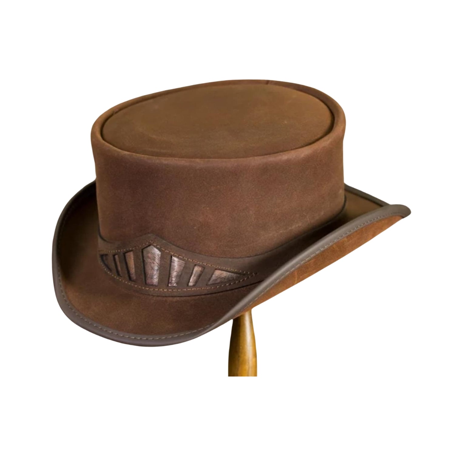 Brown leather steampunk top hat featuring a unique grill-style band.
