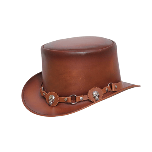 Brown leather steampunk top hat for men

