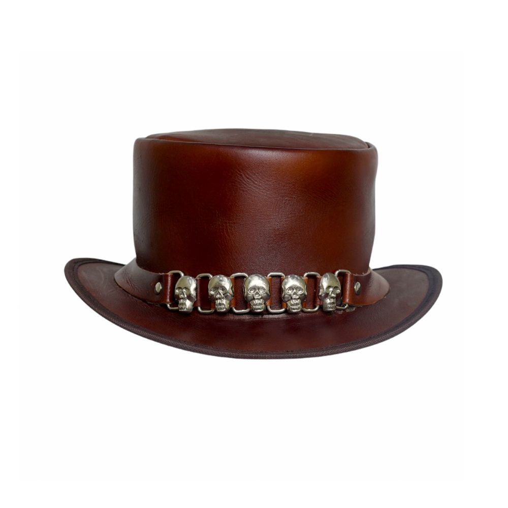 Brown leather top hat with a skull concho band for a rockstar look.
