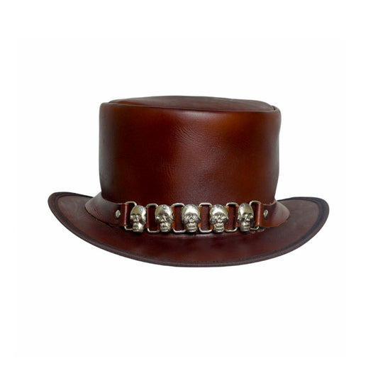 Brown leather top hat with a skull concho band for a rockstar look.
