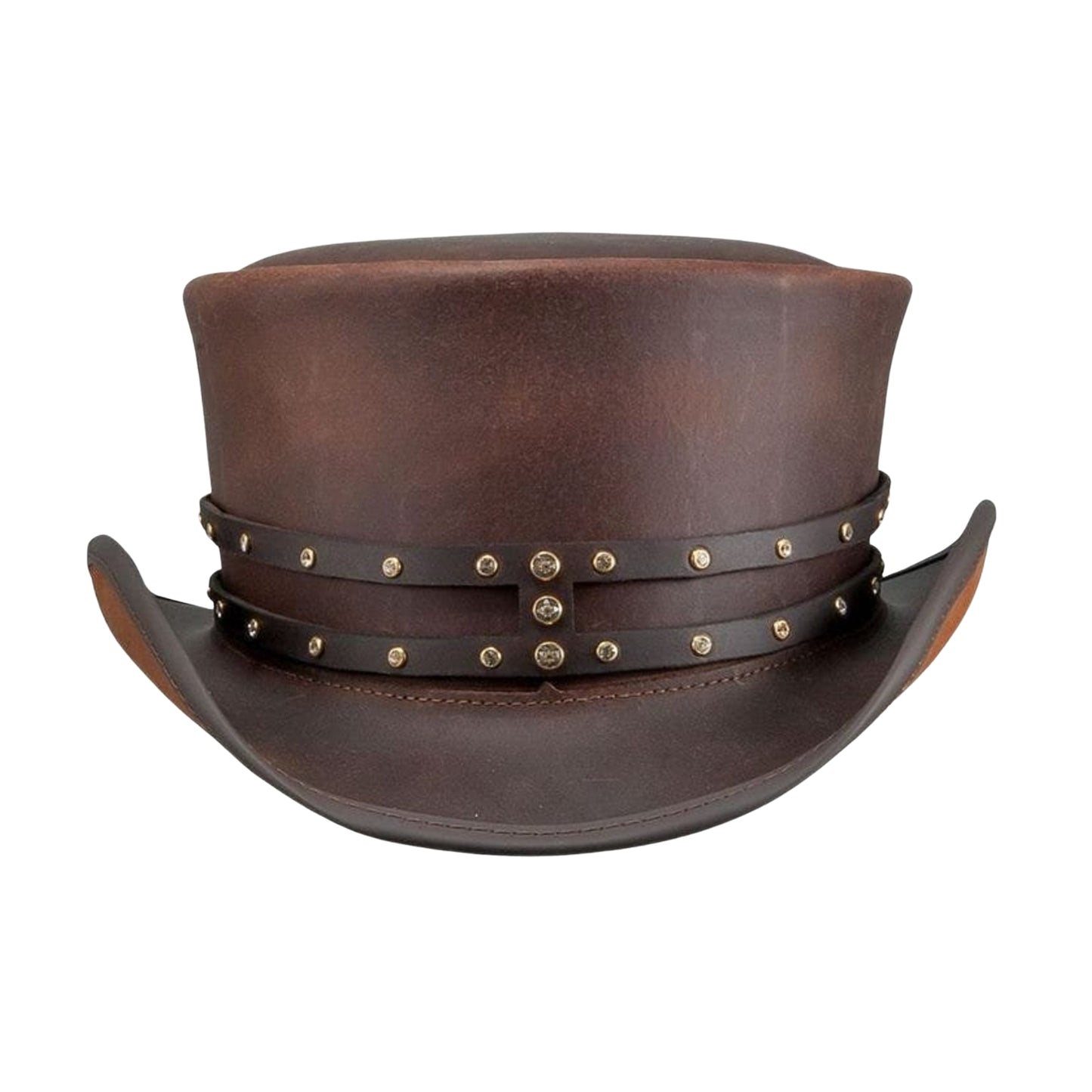 Brown leather top hat with rivet band, gothic steampunk style.
