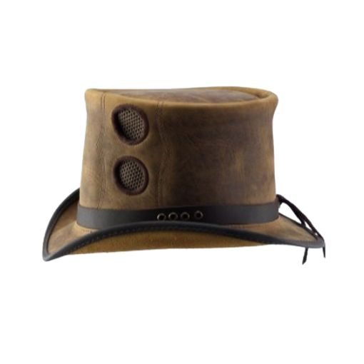 Brown leather top hat with steampunk-inspired details and classic shape.
