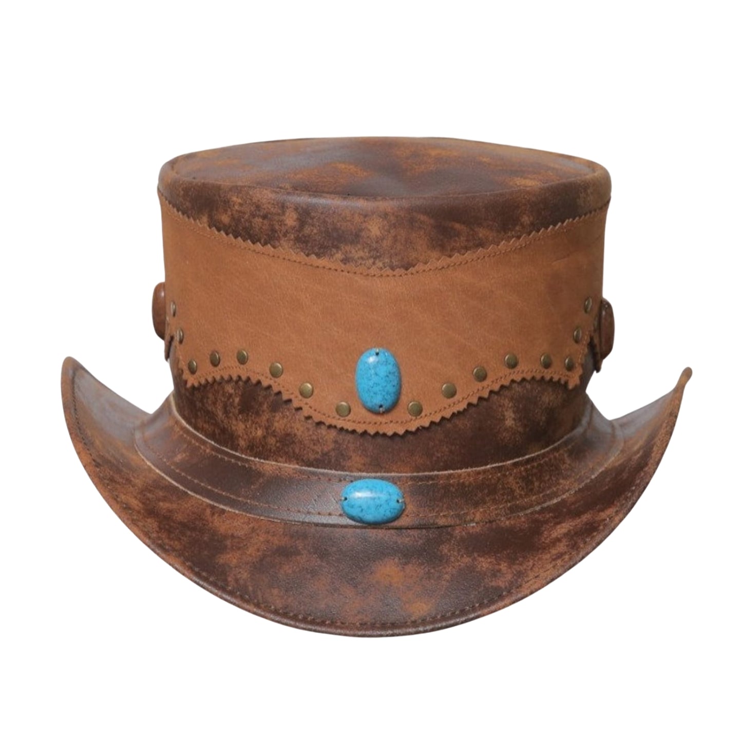 Brown leather top hat with western style band
