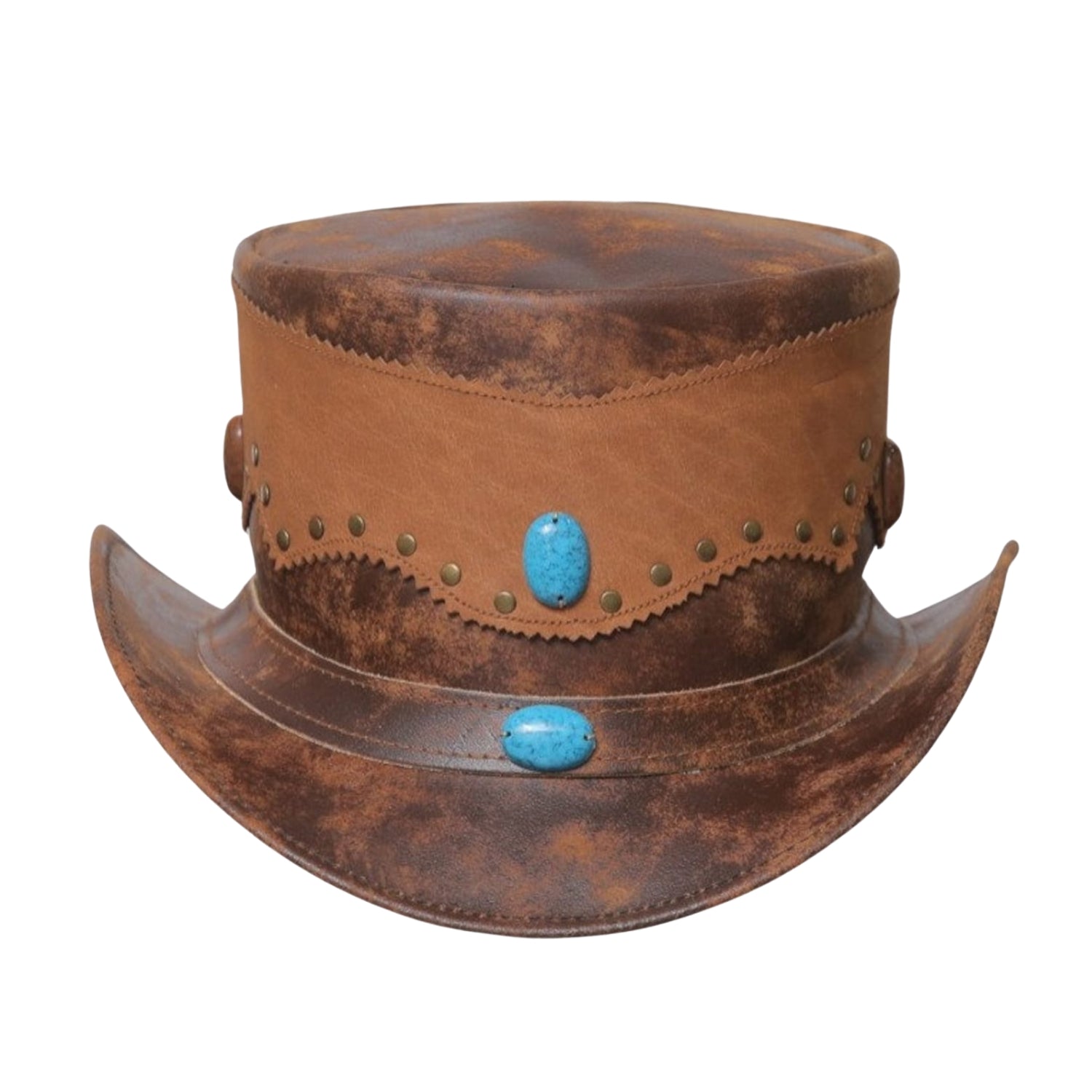 Brown leather top hat with western style band
